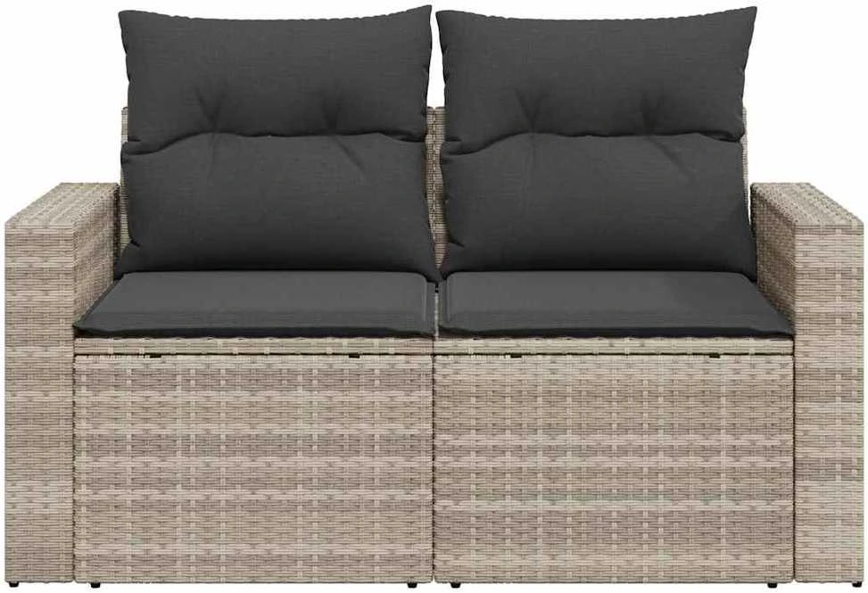 Dvivietė sodo sofa su pagalvėlėmis, šviesiai pilka, poliratanas