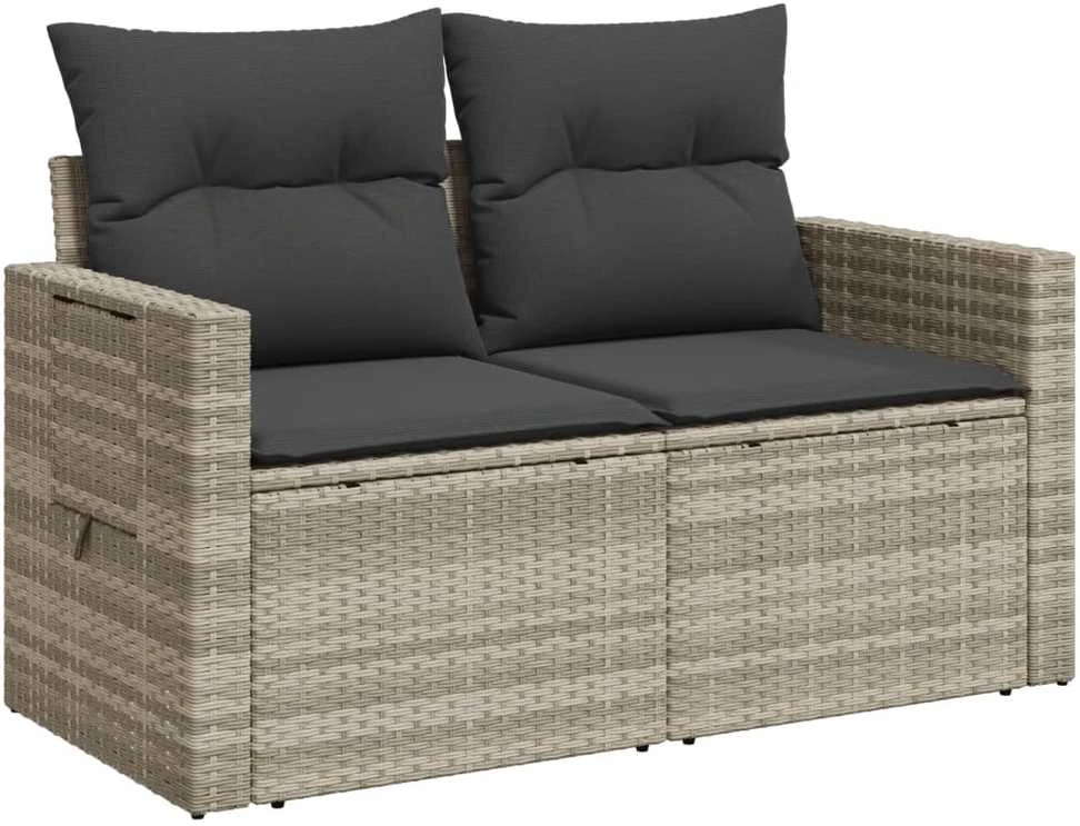 Dvivietė sodo sofa su pagalvėlėmis, šviesiai pilka, poliratanas