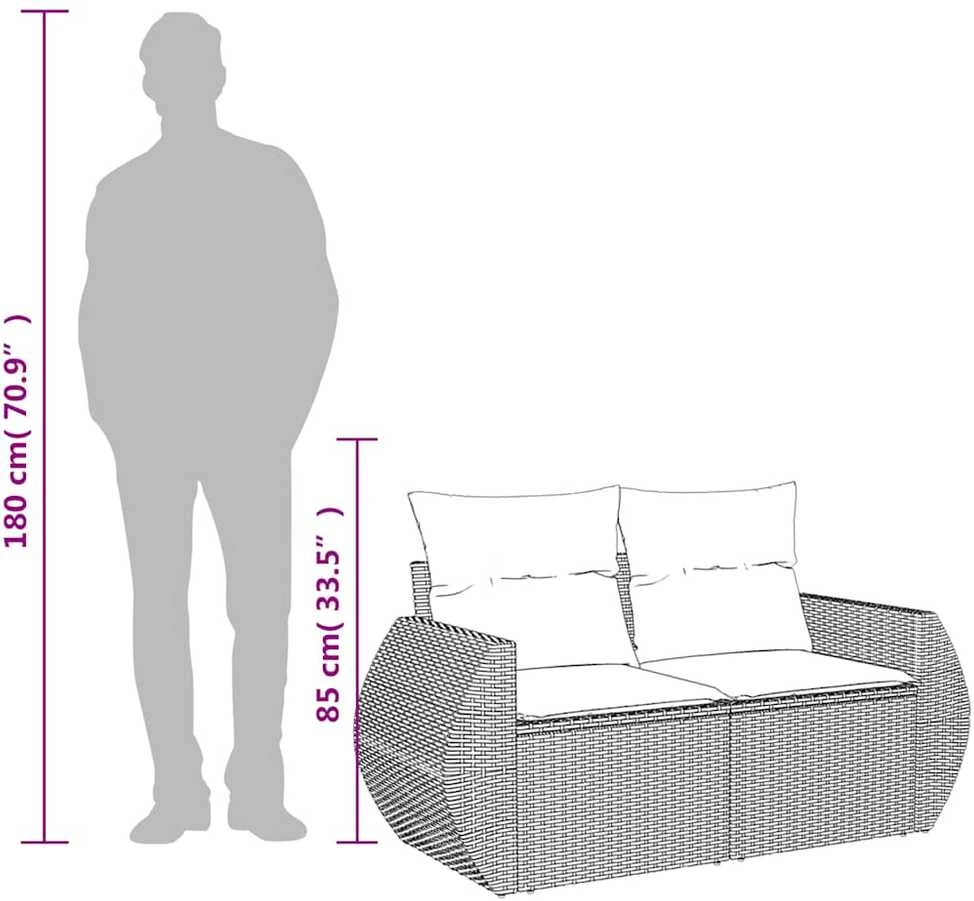 Dvivietė sodo sofa su pagalvėlėmis, šviesiai pilka, poliratanas