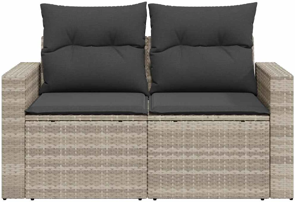 Dvivietė sodo sofa su pagalvėlėmis, šviesiai pilka, poliratanas