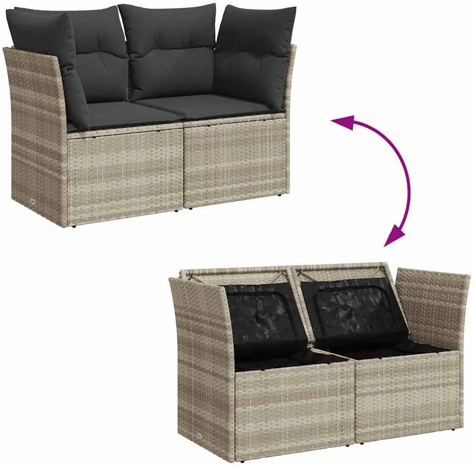 Dvivietė sodo sofa su pagalvėlėmis, šviesiai pilka, poliratanas