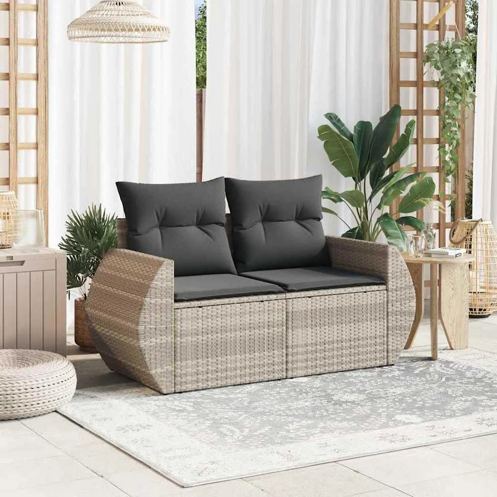 Dvivietė sodo sofa su pagalvėlėmis, šviesiai pilka, poliratanas