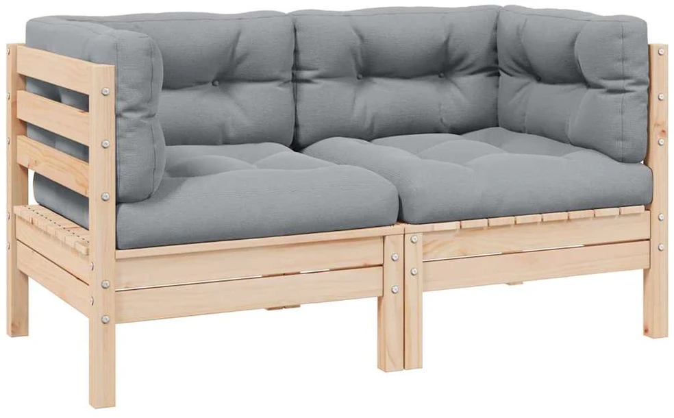 Dvivietė sodo sofa su pilkomis pagalvėlėmis, pušies masyvas