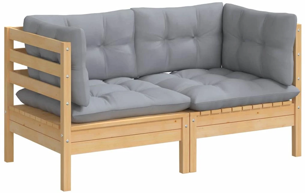 Dvivietė sodo sofa su pilkomis pagalvėlėmis, pušies masyvas