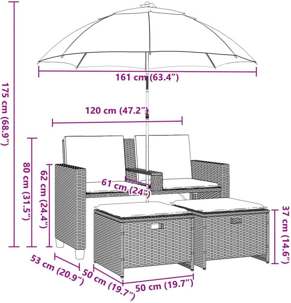 Dvivietė sodo sofa su skėčiu/taburetėmis, juoda, poliratanas