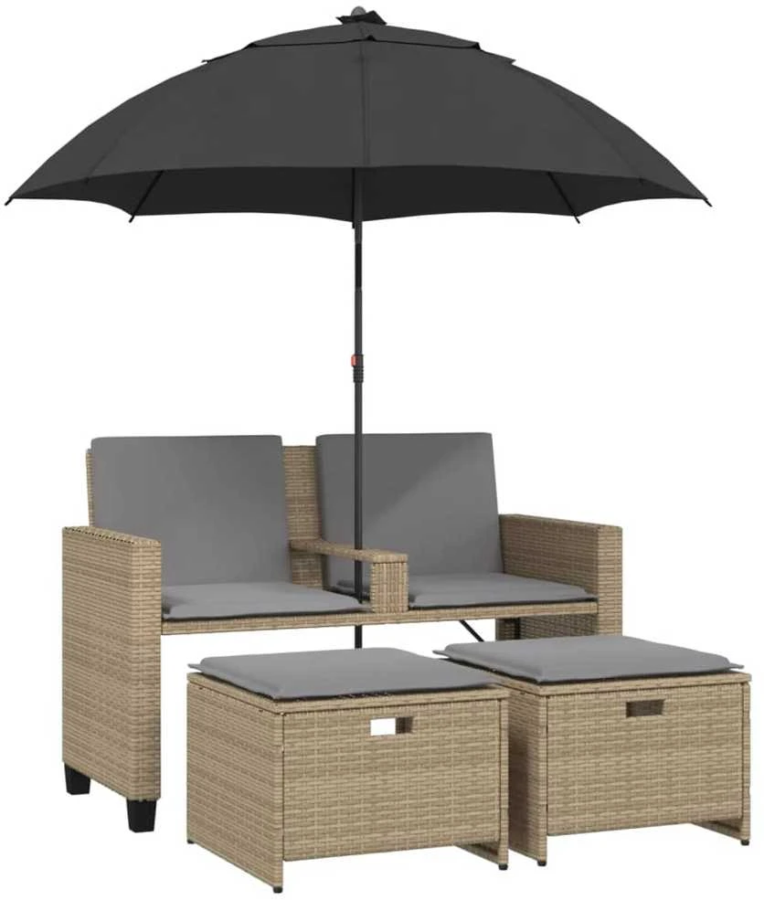 Dvivietė sodo sofa su skėčiu/taburetėmis, smėlio, poliratanas