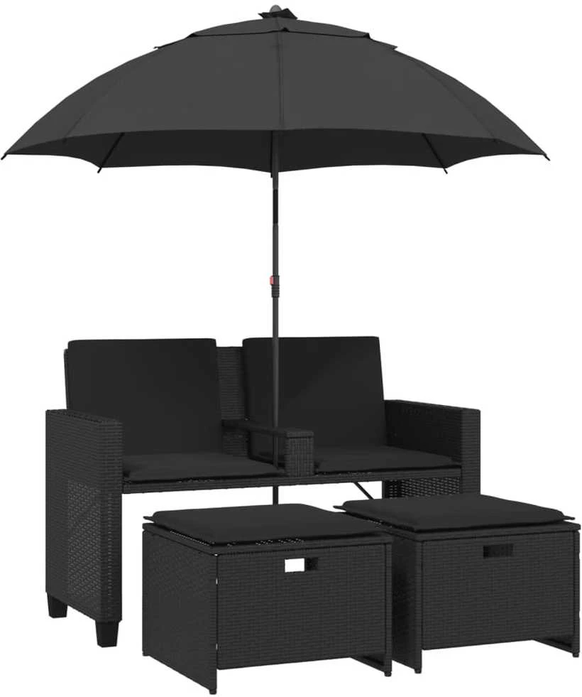 Dvivietė sodo sofa su skėčiu/taburetėmis, juoda, poliratanas
