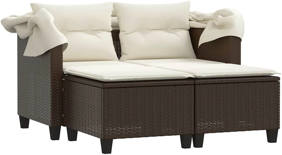 Dvivietė sodo sofa su skliautu/taburetėmis, ruda, poliratanas