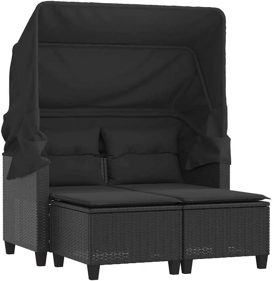 Dvivietė sodo sofa su skliautu/taburetėmis, juoda, poliratanas