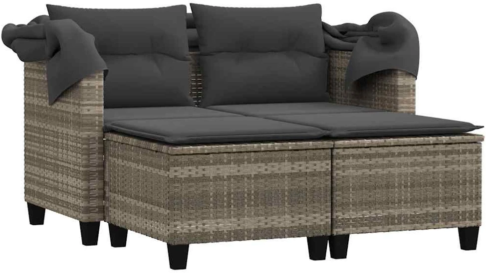 Dvivietė sodo sofa su skliautu/taburetėmis, pilka, poliratanas