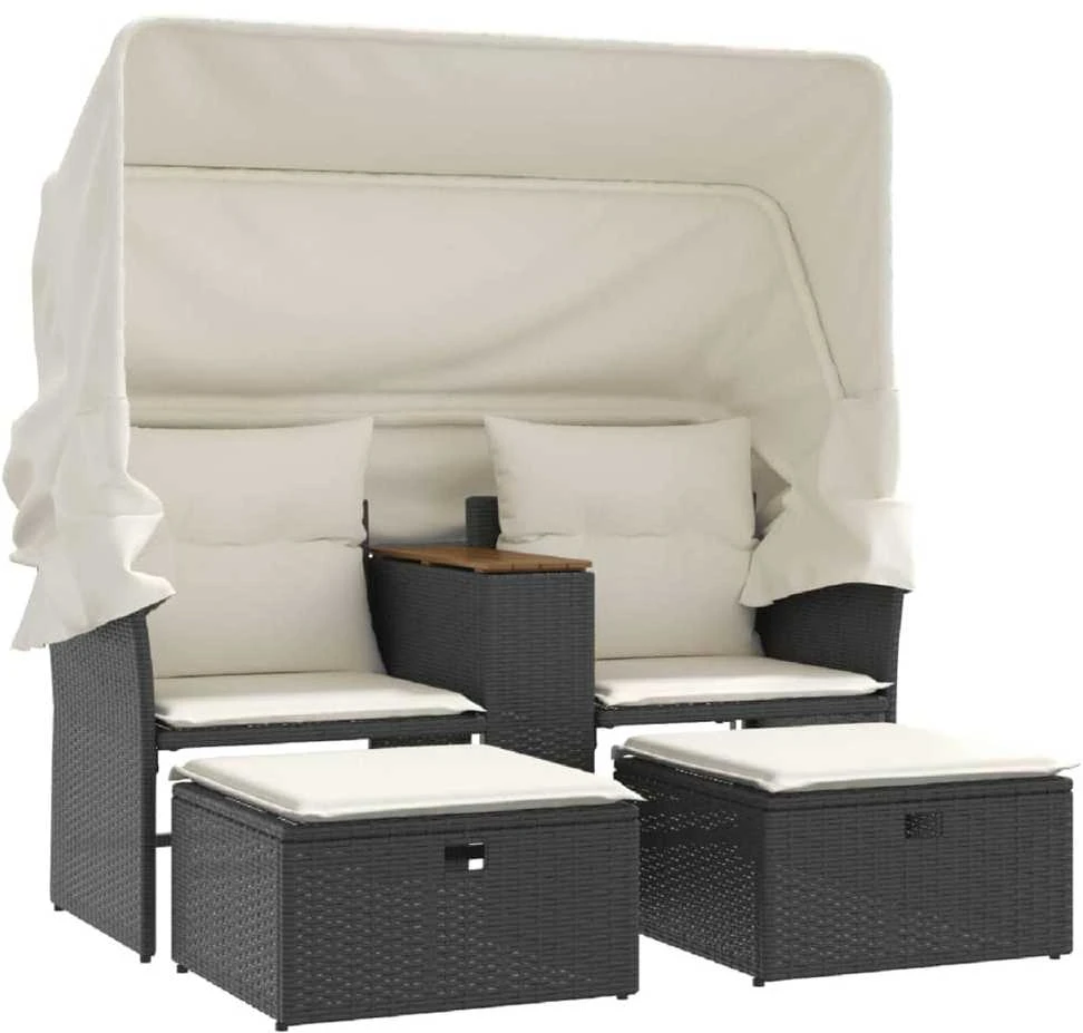 Dvivietė sodo sofa su skliautu/taburetėmis, juoda, poliratanas
