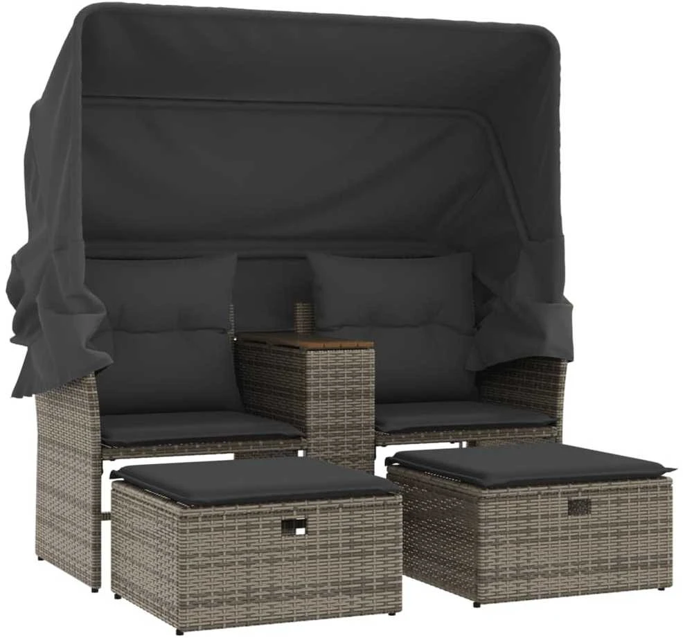 Dvivietė sodo sofa su skliautu/taburetėmis, pilka, poliratanas