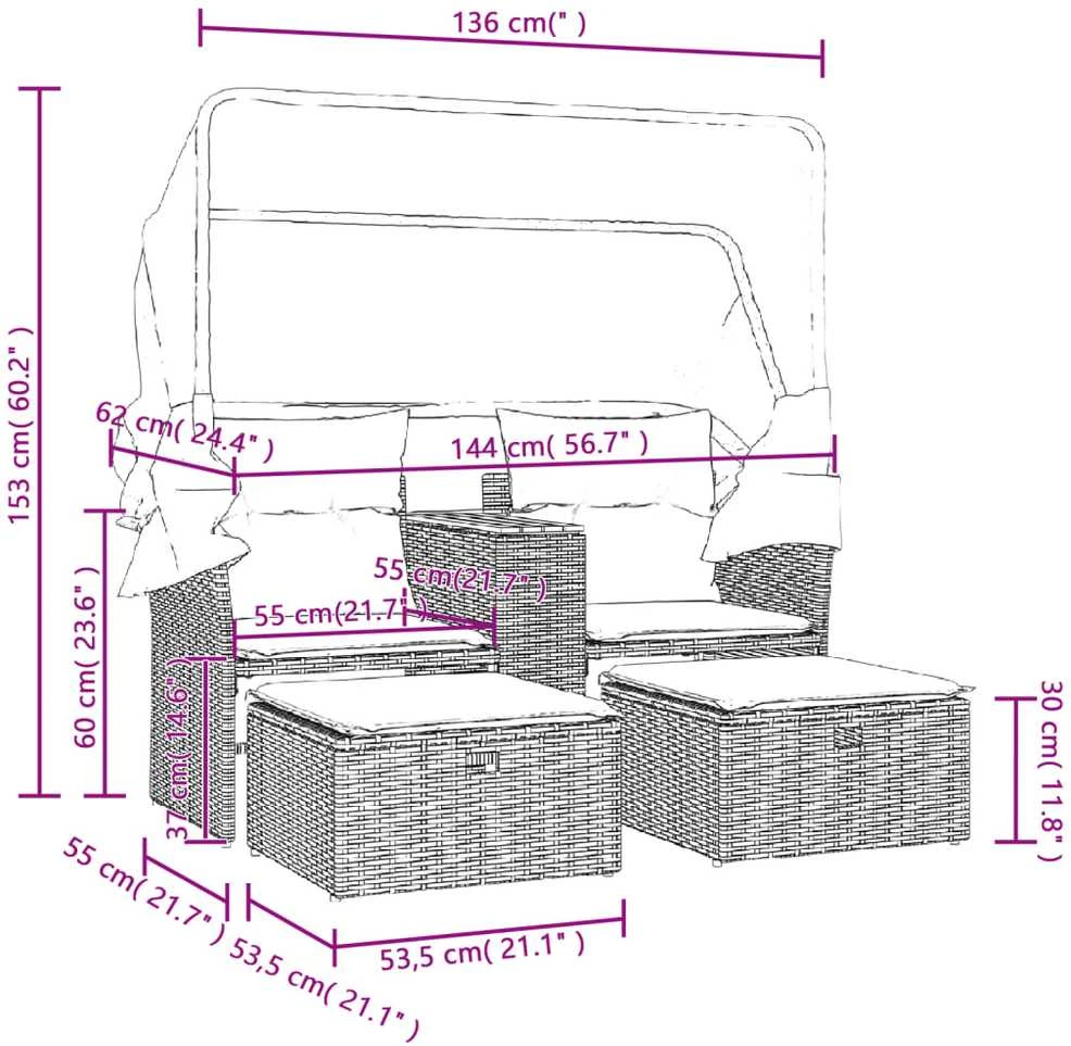 Dvivietė sodo sofa su skliautu/taburetėmis, smėlio, poliratanas