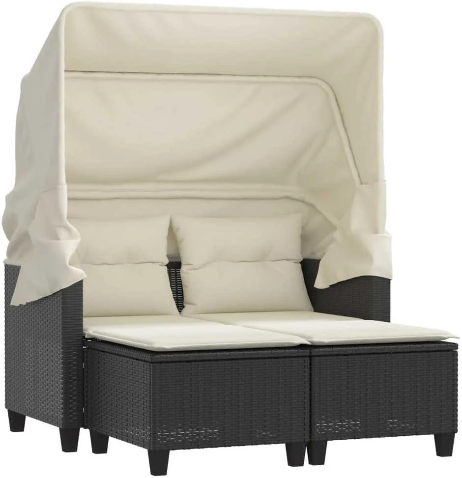 Dvivietė sodo sofa su skliautu/taburetėmis, juoda, poliratanas