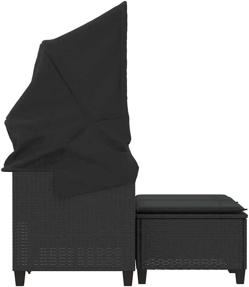 Dvivietė sodo sofa su skliautu/taburetėmis, juoda, poliratanas