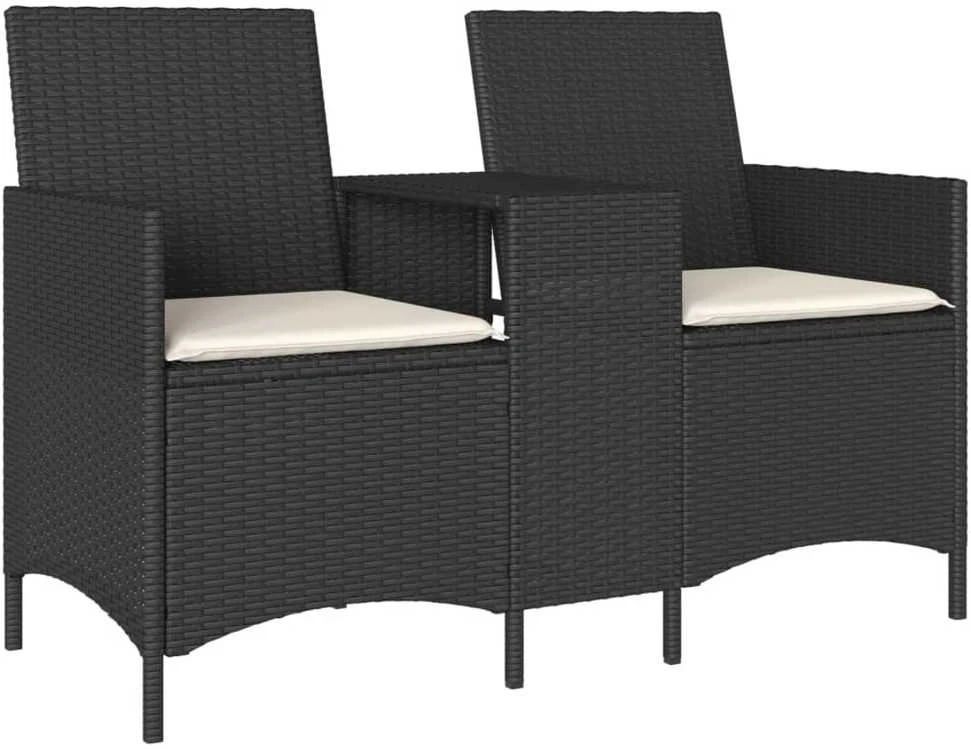 Dvivietė sodo sofa su staliuku ir pagalvėlėmis, juodos spalvos