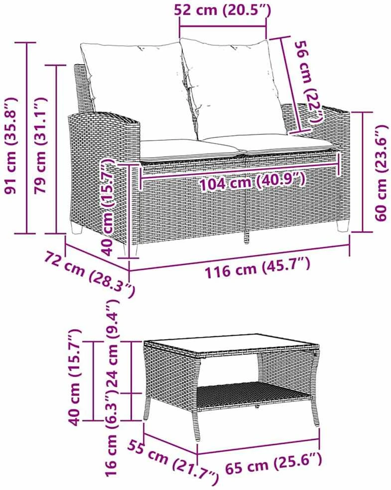 Dvivietė sodo sofa su staliuku ir pagalvėlėmis, smėlio spalvos