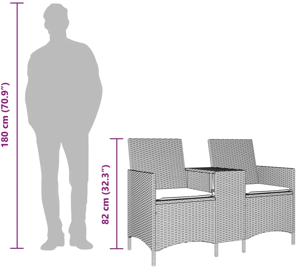 Dvivietė sodo sofa su staliuku ir pagalvėlėmis, juodos spalvos
