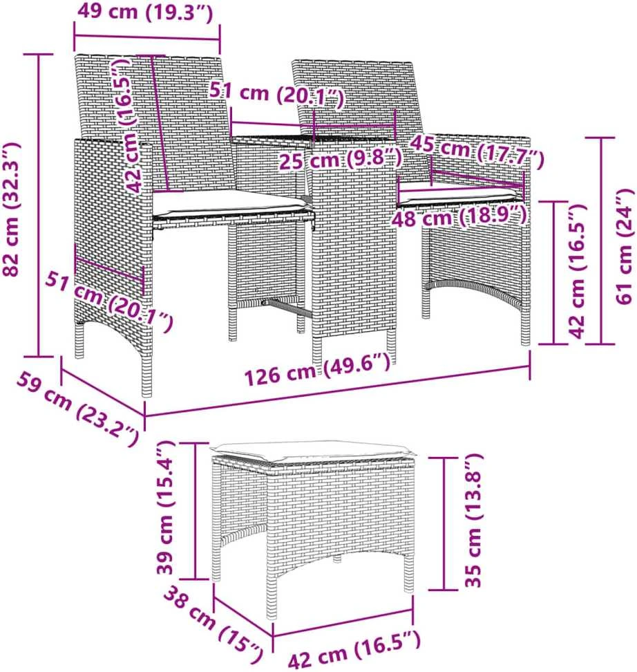 Dvivietė sodo sofa su staliuku/taburetėmis, pilka, poliratanas