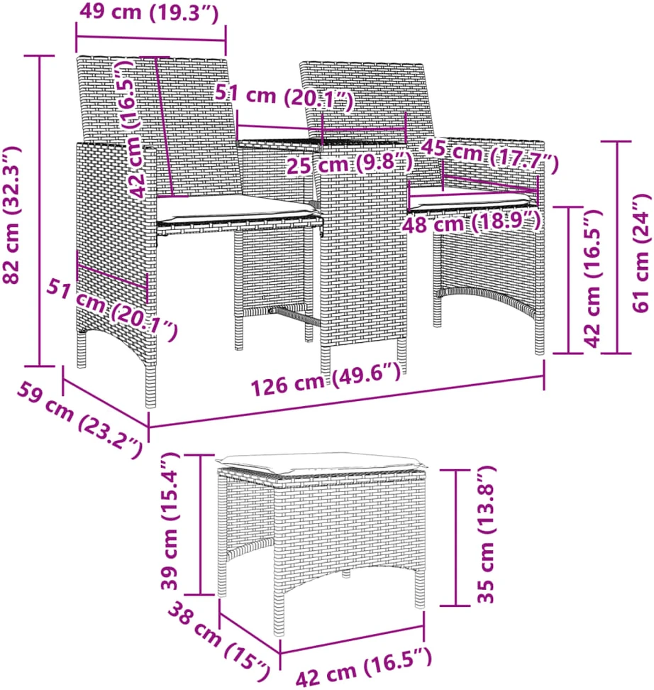 Dvivietė sodo sofa su staliuku/taburetėmis, ruda, poliratanas
