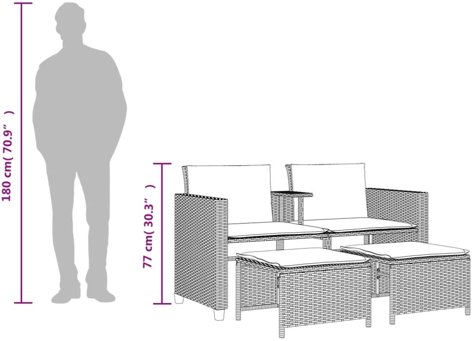 Lauko baldų komplektas Dvivietė sodo sofa su staliuku/taburetėmis, ruda, poliratanas