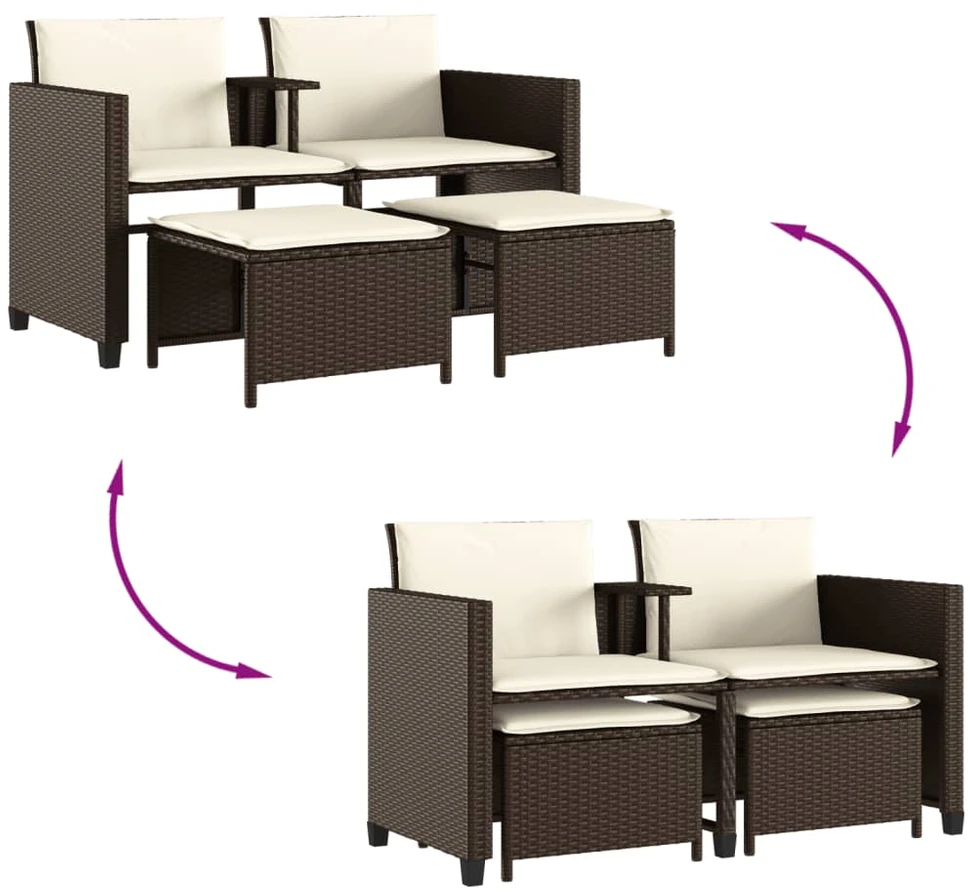 Lauko baldų komplektas Dvivietė sodo sofa su staliuku/taburetėmis, ruda, poliratanas