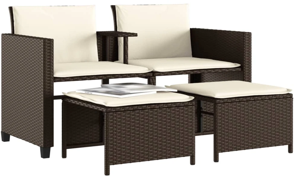 Lauko baldų komplektas Dvivietė sodo sofa su staliuku/taburetėmis, ruda, poliratanas