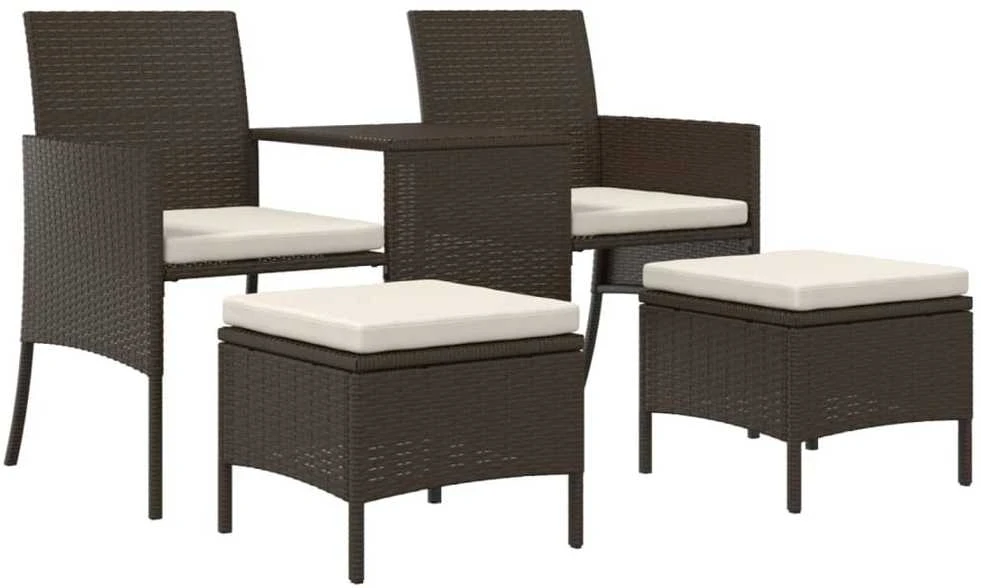 Dvivietė sodo sofa su staliuku/taburetėmis, ruda, poliratanas