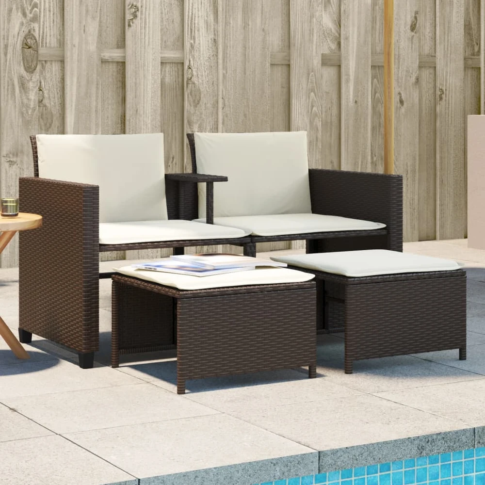 Lauko baldų komplektas Dvivietė sodo sofa su staliuku/taburetėmis, ruda, poliratanas