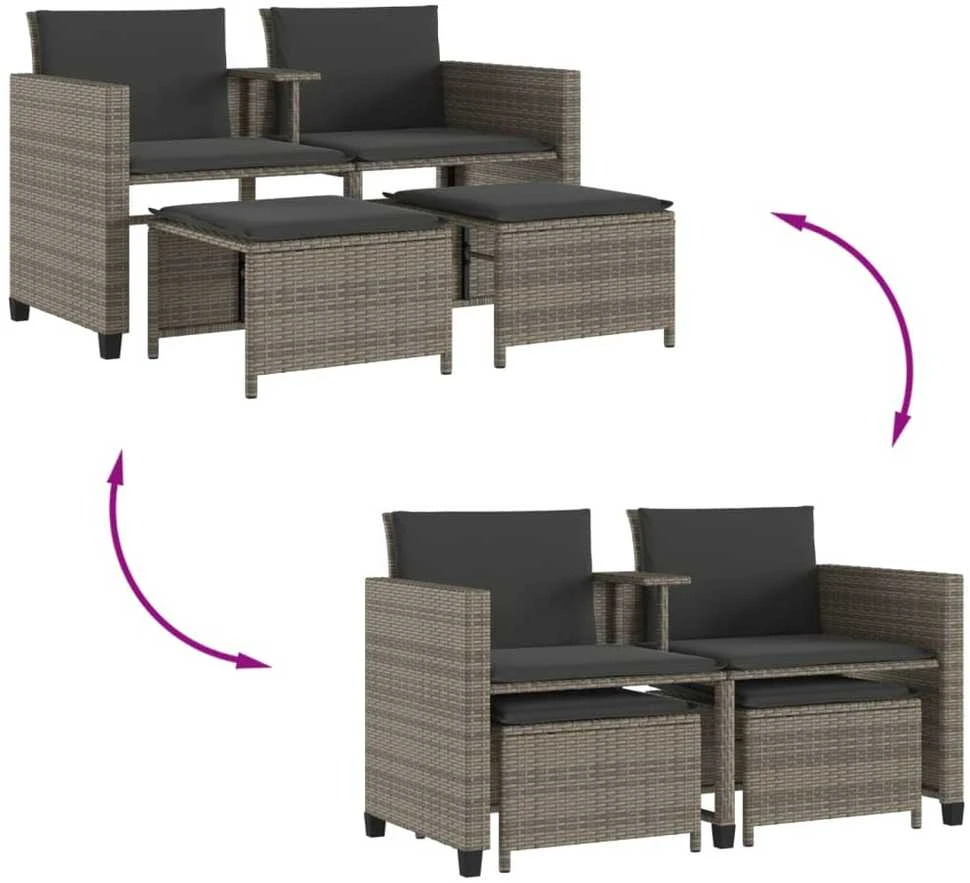 Dvivietė sodo sofa su staliuku/taburetėmis, pilka, poliratanas