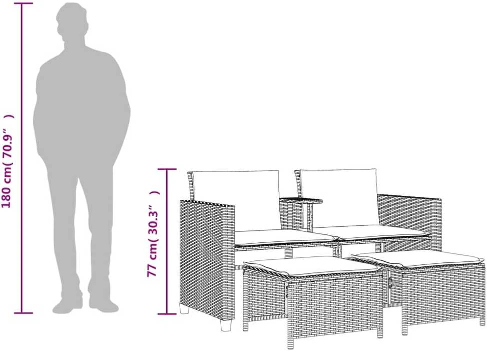 Dvivietė sodo sofa su staliuku/taburetėmis, pilka, poliratanas