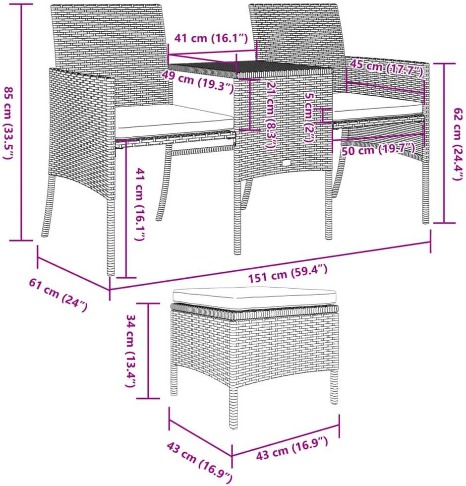 Dvivietė sodo sofa su staliuku/taburetėmis, ruda, poliratanas