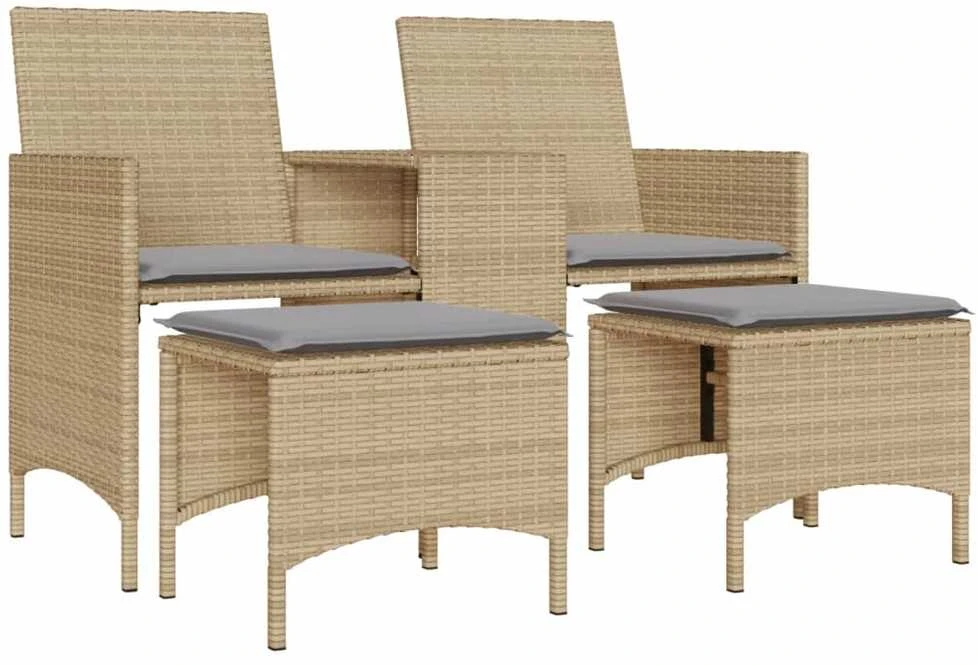 Dvivietė sodo sofa su staliuku/taburetėmis, smėlio, poliratanas
