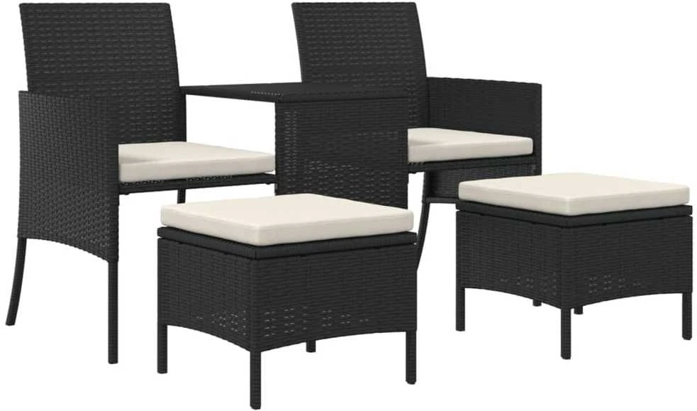 Dvivietė sodo sofa su staliuku/taburetėmis, juoda, poliratanas