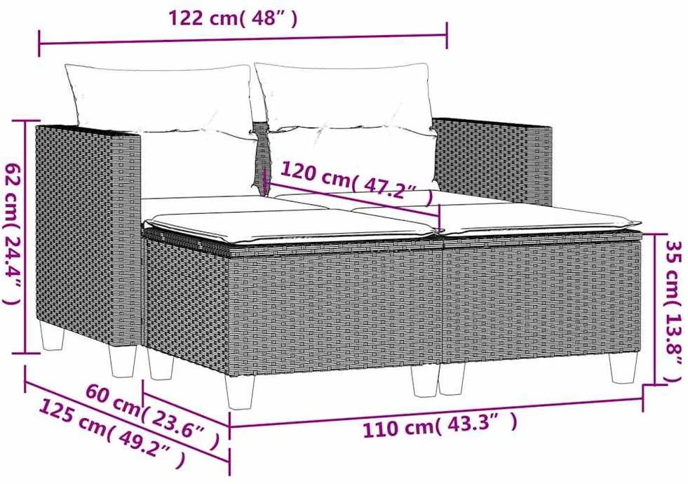 Dvivietė sodo sofa su taburetėmis, juodos spalvos, poliratanas