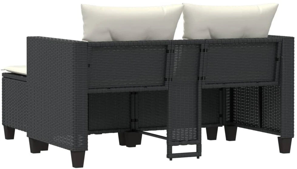 Dvivietė sodo sofa su taburetėmis, juodos spalvos, poliratanas