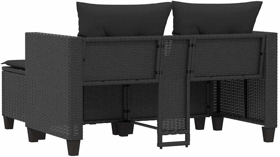 Dvivietė sodo sofa su taburetėmis, juodos spalvos, poliratanas