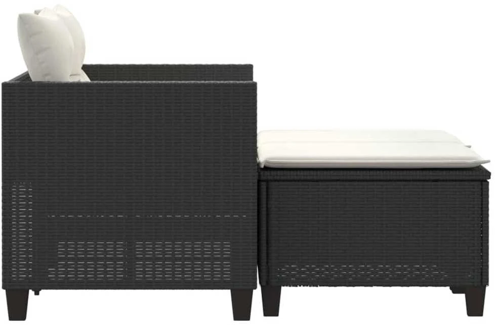 Dvivietė sodo sofa su taburetėmis, juodos spalvos, poliratanas