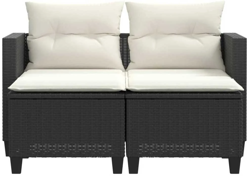 Dvivietė sodo sofa su taburetėmis, juodos spalvos, poliratanas