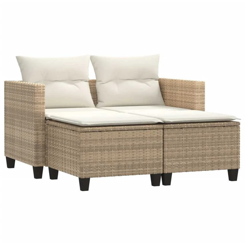 Dvivietė sodo sofa su taburetėmis, smėlio spalvos, poliratanas