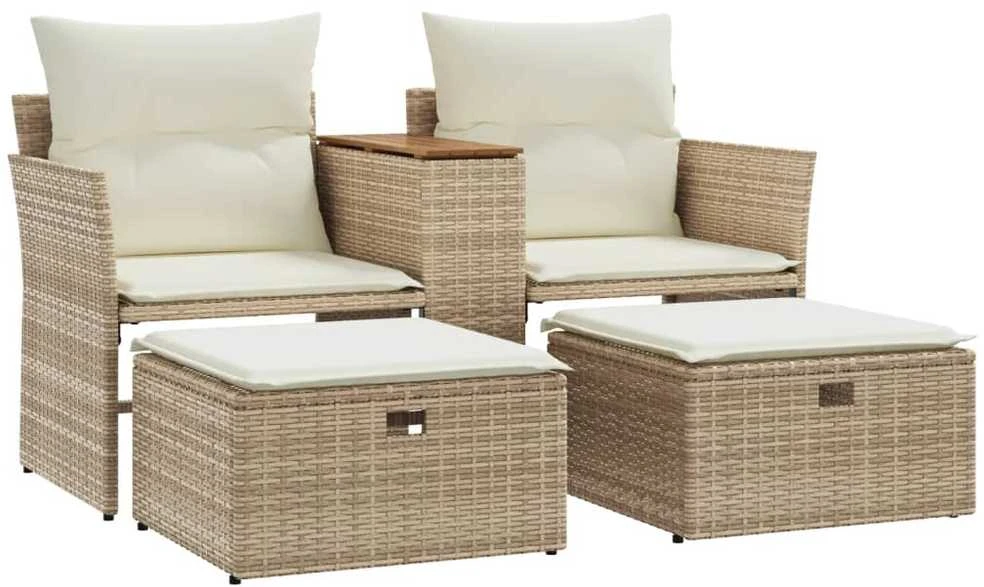 Dvivietė sodo sofa su taburetėmis, smėlio spalvos, poliratanas