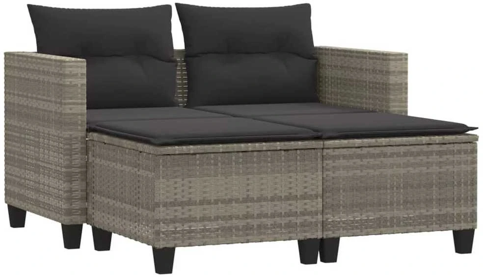 Dvivietė sodo sofa su taburetėmis, šviesiai pilka, poliratanas