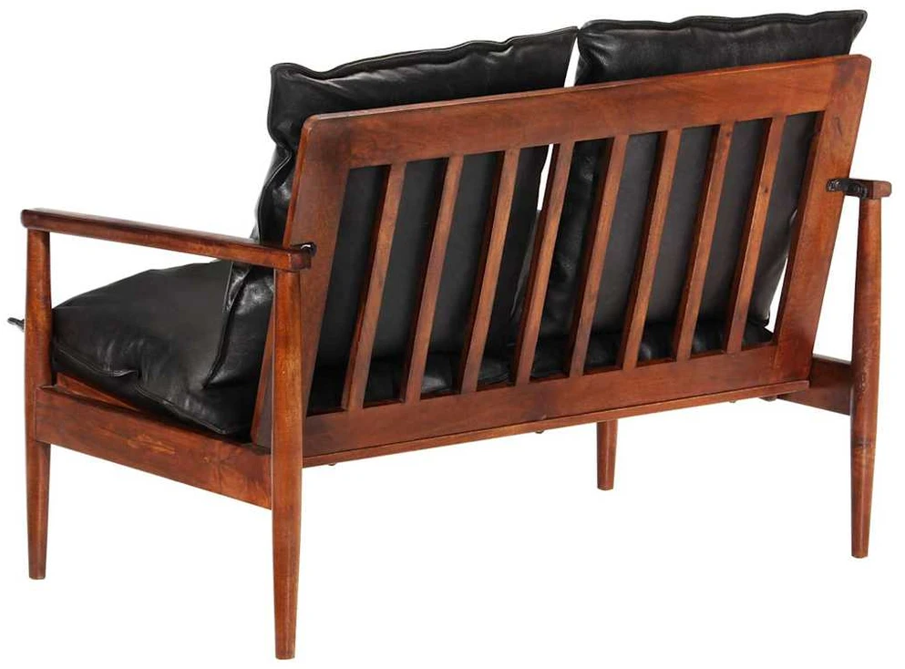 Dvivietė sofa, juodos spalvos, tikra oda ir akacijos masyvas