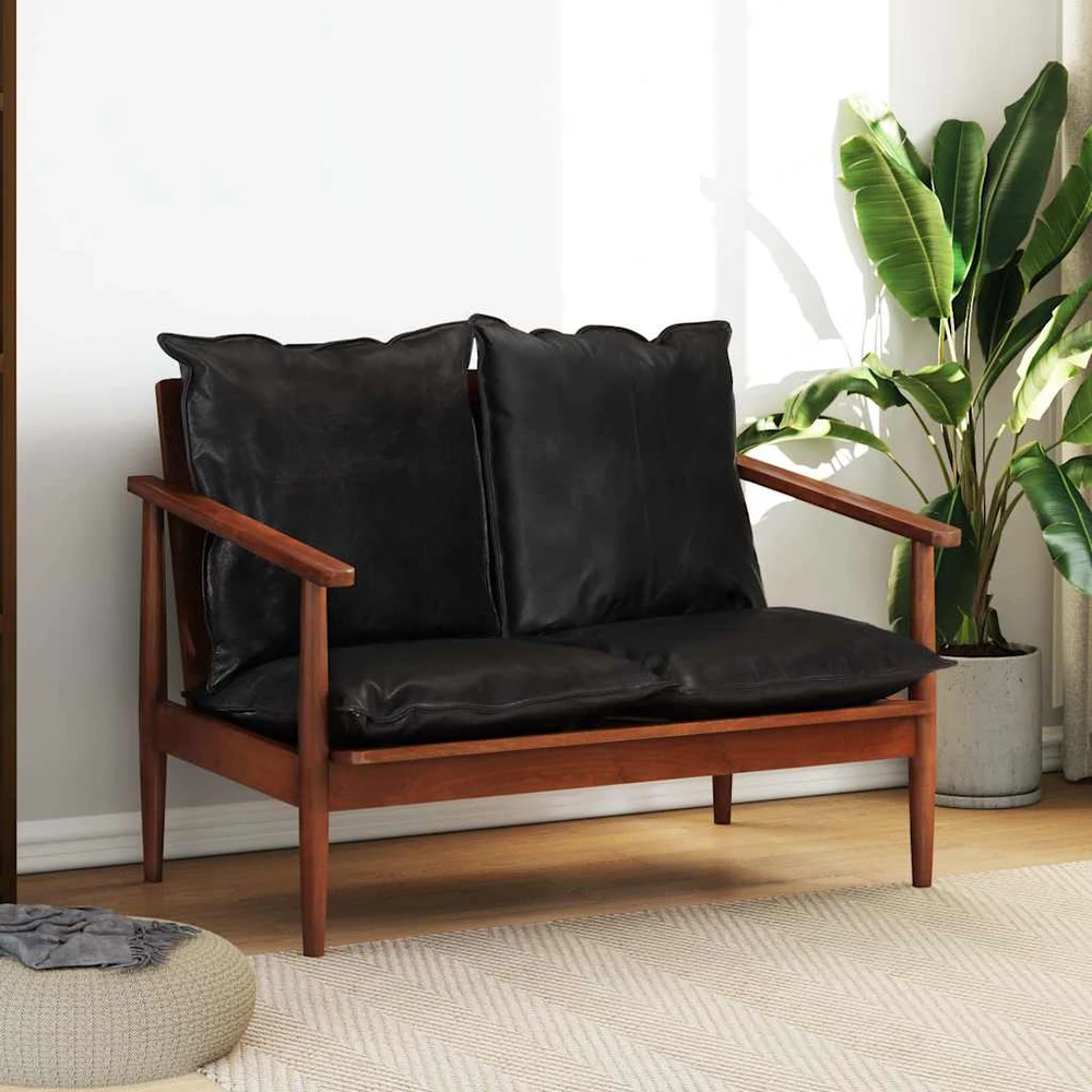 Dvivietė sofa, juodos spalvos, tikra oda ir akacijos masyvas