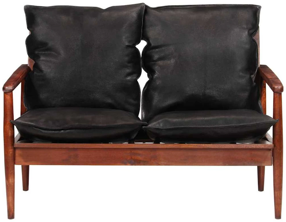Dvivietė sofa, juodos spalvos, tikra oda ir akacijos masyvas