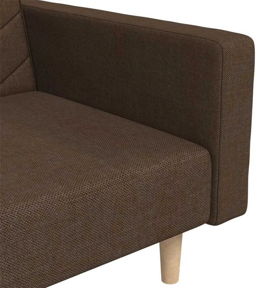 Dvivietė sofa-lova dvejomis pagalvėmis, rudos spalvos, audinys