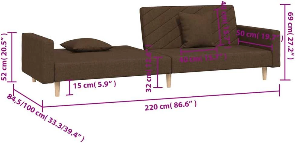 Dvivietė sofa-lova dvejomis pagalvėmis, rudos spalvos, audinys