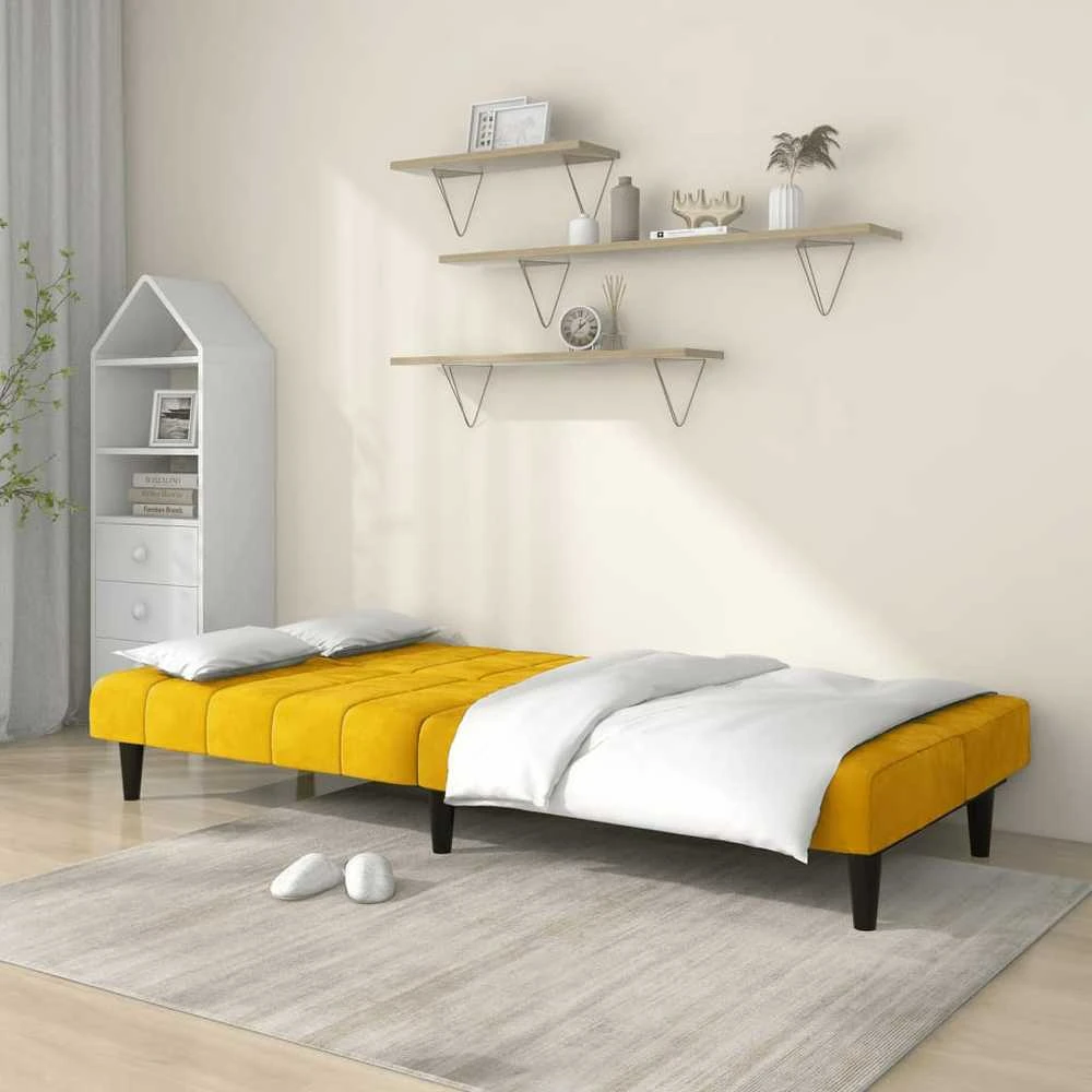 Dvivietė sofa-lova, geltonos spalvos, aksomas