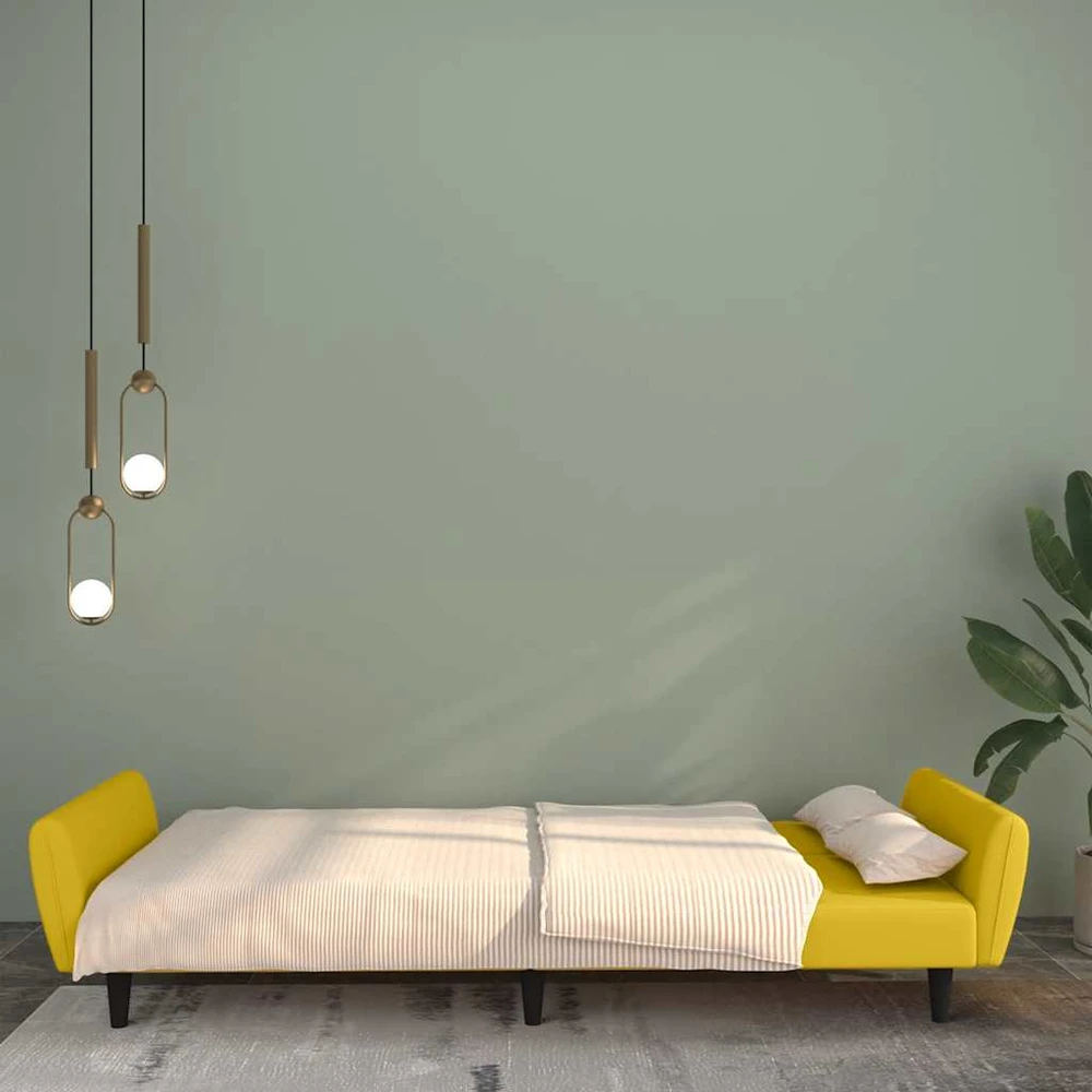 Dvivietė sofa-lova, geltonos spalvos, aksomas