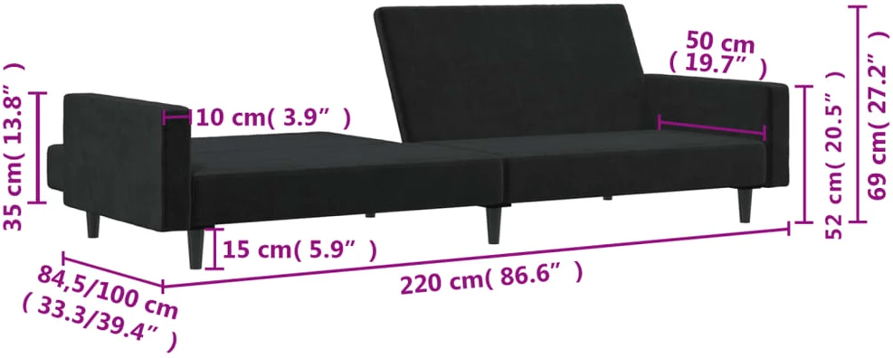Dvivietė sofa-lova, juodos spalvos, aksomas